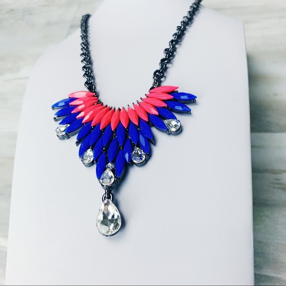 Amrita Singh Gunmetal Blue & Pink Austrian Crystal Bib Modern Bubble Necklace - Picture 7 of 15